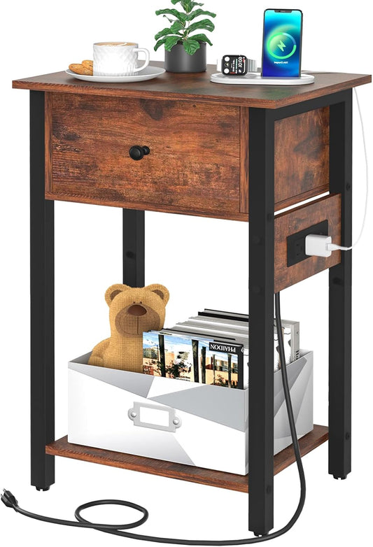 Yoobure Nightstand with Charging Station, Side Table End Table with Large Drawer and Storage Shelf, Bed Side Table\/Night Stand with USB Ports & Outlets, Rustic Bedside Tables for Bedroom, Living Room