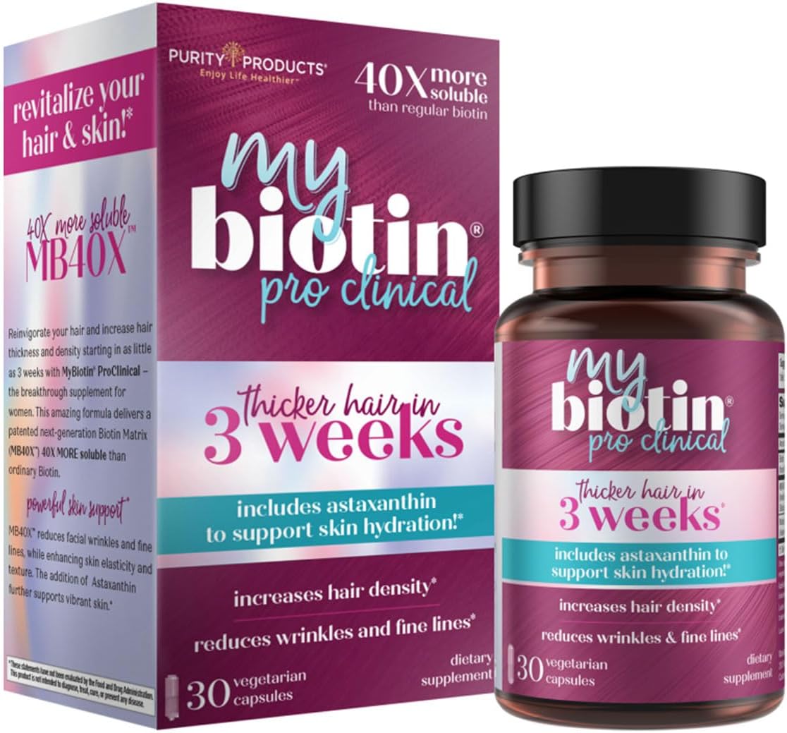 Purity Products MyBiotin ProClinical \u2013 Thicker Hair Starting in 3 Weeks & Fights Wrinkles - MB40X Patented Biotin Matrix w\/Astaxanthin - 40X More Soluble vs Ordinary Biotin 30 Veg Cap