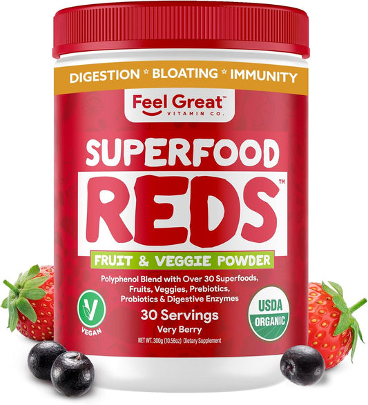 \u200BFeel Great Organic Superfood Reds Powder Packed with Beet Root Powder | Digestive Support Including Bloating Relief | Fruit and Veggie Polyphenols Supplement.