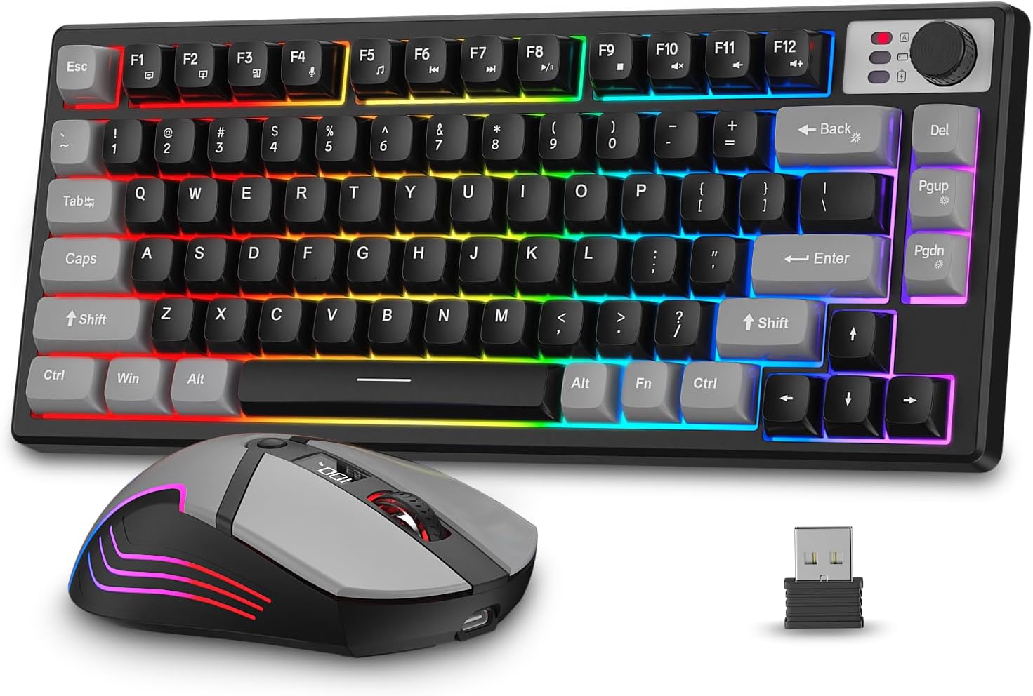 BlueFinger 75% Wireless Gaming Keyboard and Mouse with Smart Display, Rechargeable Light Up Wireless Keyboard with Knob Control, RGB Backlit Gaming Mouse for Mac Laptop Computer PC Gamer(Black)