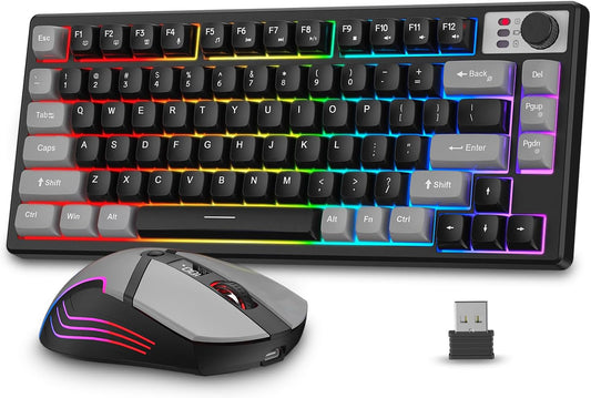 BlueFinger 75% Wireless Gaming Keyboard and Mouse with Smart Display, Rechargeable Light Up Wireless Keyboard with Knob Control, RGB Backlit Gaming Mouse for Mac Laptop Computer PC Gamer(Black)