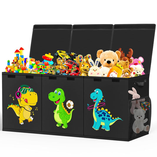 Beadsky Extra Large Toy Box, Collapsible Toddlers Toy Chest Kids Storage Organizer, Dinosaur Bin Boxes Storage Basket with Lids for Boys, Girls, Living Room, Nursery, Playroom, 40"x14"x16", Black