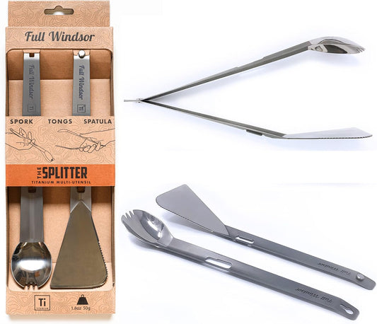 THE SPLITTER Titanium Tongs, Spork and Spatula from Full Windsor - Portable Lightweight Metal Multi Utensil for Camp Kitchen, Backpacking, Travel, Outdoor Cooking, Camping Cookware, No Mess Eating Set