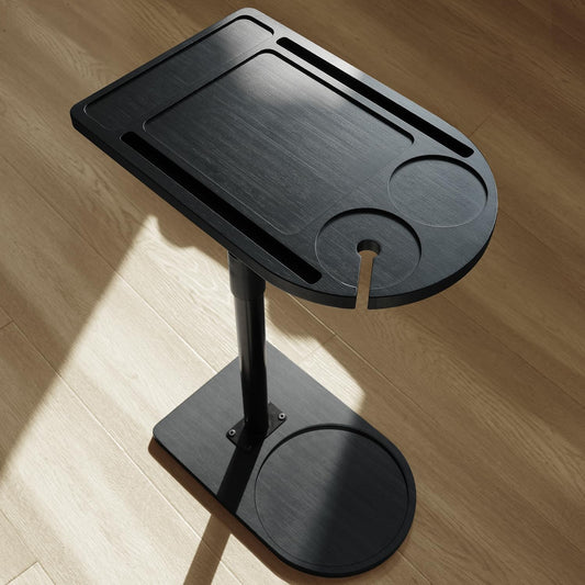 YUHFERA 360° Rotatable Sofa Tray Table for Couch Arm - Height Adjustable End Table for Bed or Chair with Phone & Tablet Slots, TV Tray Table, Side Table Tray for Small Spaces（Black,Arc）