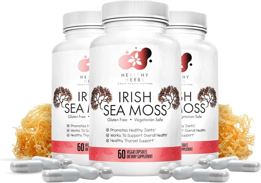 Healthy Herbs Pure Irish Sea Moss Capsules | US-Made, Vegan, Non-GMO, Easy-Swallow Seamoss Pills | Wild-Harvested Superfood with Over 90 Essential Vitamins & Minerals (3-Pack)