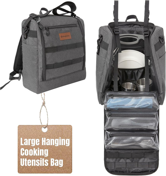 KingCamp Large Hanging Camping Cooking Utensils Bag with Backpack for Camping Cooking Set，Tactical Camping Kitchen Organizer with Paper Towel Holder & 3 Pockets for Outdoor BBQ Cooking，Bag Only