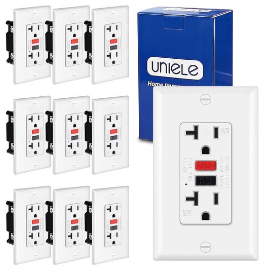 (10 Pack) UNIELE 20 Amp WR GFCI Receptacle Outlet, Outdoor Weather-Resistant GFI, Ground Fault Circuit Interrupter, Wallplate Included