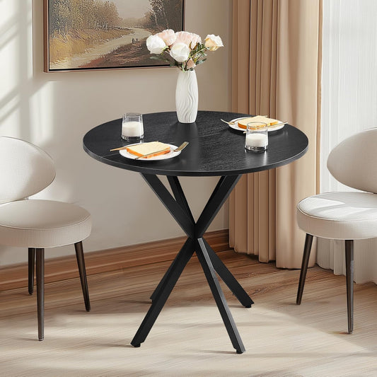 Unovivy 31.5" Round Dining Table for 2-4 People, Modern Circle Kitchen Table with Intersecting Metal Pedestal and Wooden Tabletop for Small Space, Dining Room, Kitchen, Black