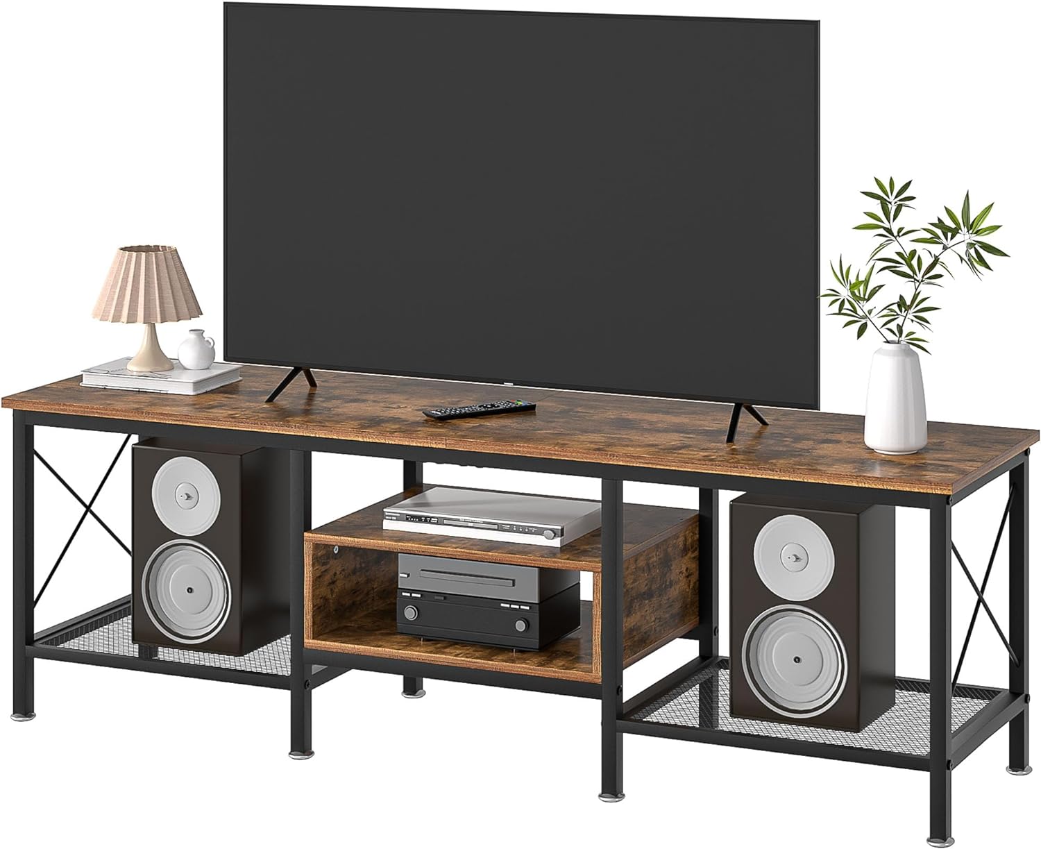 VECELO Industrial TV Stand for 65 Inch Television Cabinet 3-Tier Console with Open Storage Shelves, Entertainment Center Metal Frame for Living Room, Bedroom, 55 Inch, Dark Brown