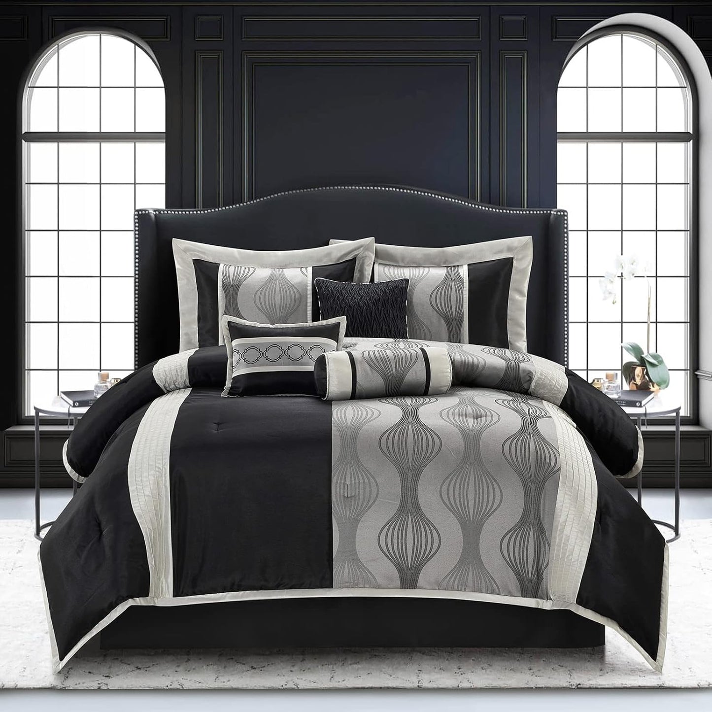 Stratford Park Elegant Black and Silver Comforter Set King Size, 7 Pieces Bedding & Collection, Jacquard All Season Comforter & Pillows, Ultra-Soft Microfiber