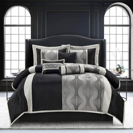 Stratford Park Elegant Black and Silver Comforter Set King Size, 7 Pieces Bedding & Collection, Jacquard All Season Comforter & Pillows, Ultra-Soft Microfiber