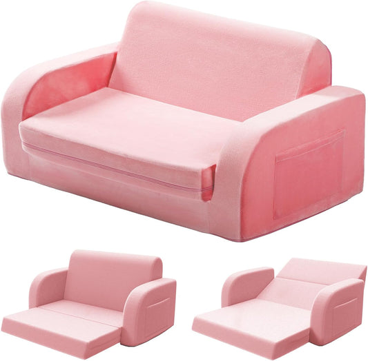 3-in-1 Extra Wide Convertible Kids Couch, Flip Open Toddler Couch to Lounger, Comfy Toddler Chair, Machine-Washable Toddler Sofa for Girls, Kids Sofa Bed for Fun Playtime or Comfy Lounging, Pink