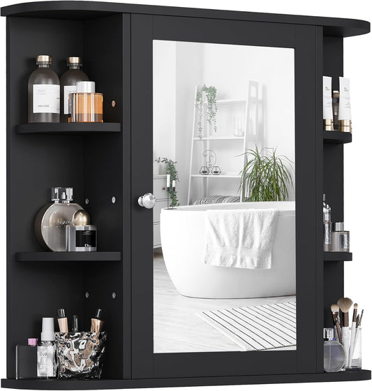Shintenchi Bathroom Wall Cabinet with Mirror, Wall Mounted Medicine Cabinet with 4 Internal and 6 Open Shelves, Mirrored Door Over The Toilet Storage Cabinet, Black