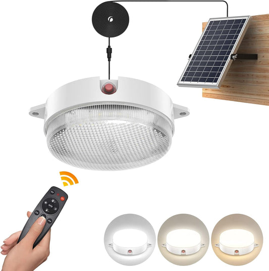 UPONUN Solar Ceiling Light, Waterproof Dimmable 6000K\/4000K\/3200K Solar Shed Light with On Off Switch & Remote Control Solar Lights Outdoor & Indoor Solar Lights for Home Barn Garage Shop