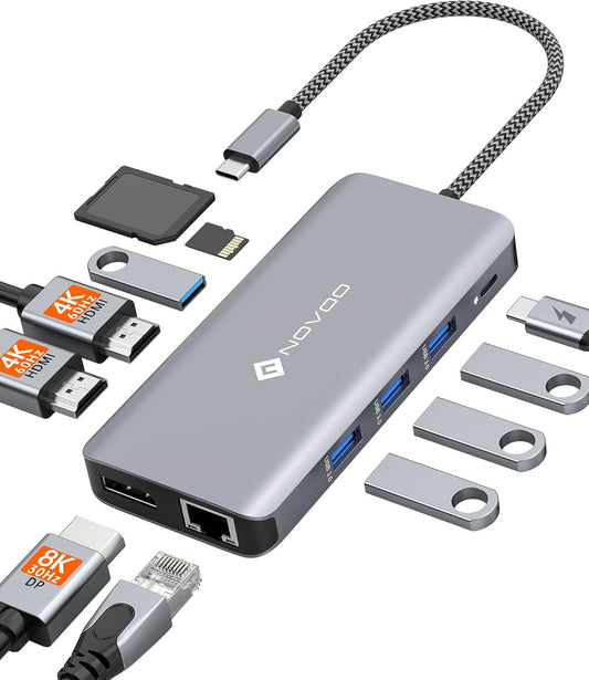 USB C Docking Station, NOVOO Triple Display Type C Hub Dual Monitor HDMI 4K@60Hz DP Multiport Adapter 4USB Ethernet SD\/TF 100W PD Dongle Data for Dell\/Surface\/HP\/Lenovo Thinkpad Laptop