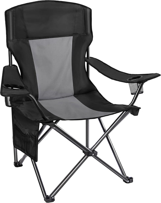 AsterOutdoor Camping Folding Chair Padded Quad Arm Chair with Large Cup Holders, Side Organizer & Back Pocket for Outdoor, Camp, Indoor, Patio, Fishing, Supports 350lbs , Black and Gray
