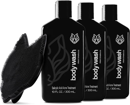 Black Wolf Skincare with Scrubber Gift Set for Men, Body Acne System - Shower Set with 10 Fl Oz, 3 Pack Charcoal Powder & Salicylic Acid for All Skin Types - Rich Lather for Coverage & Deep Clean