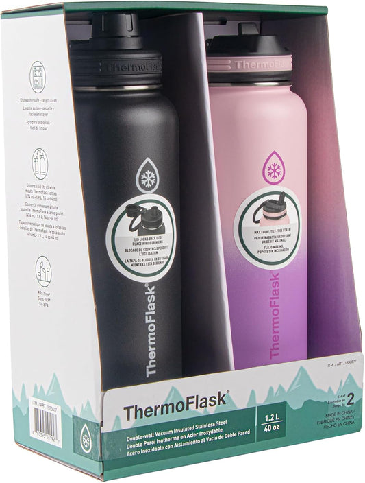 Thermoflask 40oz Stainless Steel Insulated Water Bottles with Straw and Spout Lids, 2-pack, Black/Rose Purple