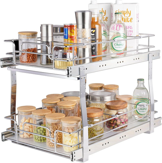VEVOR 2 Tier 13"W x 21"D Pull Out Cabinet Organizer, Heavy Duty Slide Out Pantry Shelves, Chrome-Plated Steel Roll Out Drawers, Sliding Drawer Storage for Inside Kitchen Cabinet, Bathroom, Under Sink