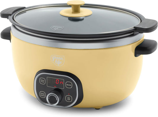GreenLife 6QT Slow Cooker, Non-Toxic Ceramic Nonstick Removable Interior Bowl, Programmable, Family Friendly, Keep Warm, Stovetop & Oven Safe, Dishwasher Safe Parts, Timer, Glass Lid, Butter Yellow