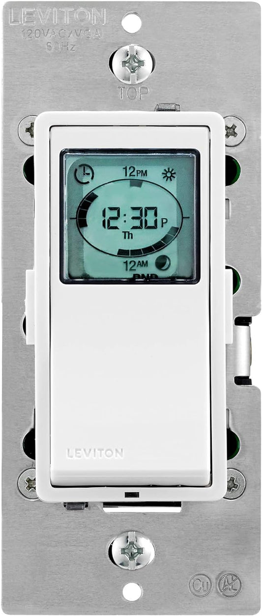 Leviton Decora Programmable Timer Switch for Lights and Motor Loads, Neutral Wire Required, Single Pole or 3-Way, VPT24-1PZ, White with Ivory and Light Almond Faceplates