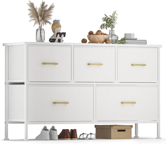 YILQQPER Dresser for Bedroom with 5 Drawers, White Dresser for Closet, Living Room, TV Stand, Nursery, Chest of Drawers with Sturdy Steel Frame, Leather Finish, Wood Top (Glacier White)