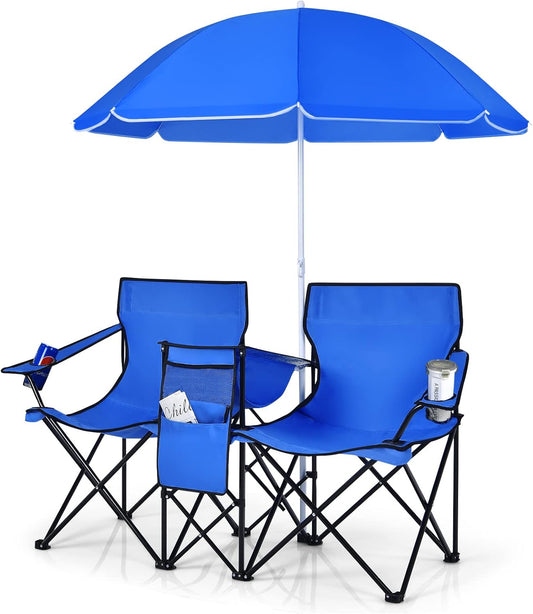 COSTWAY Double Portable Picnic Chairs, Folding Camping Chairs w\/Detachable Umbrella, Cooler Bag, Cup Holders, Patio Beach Camping Chairs for Outdoors, Blue