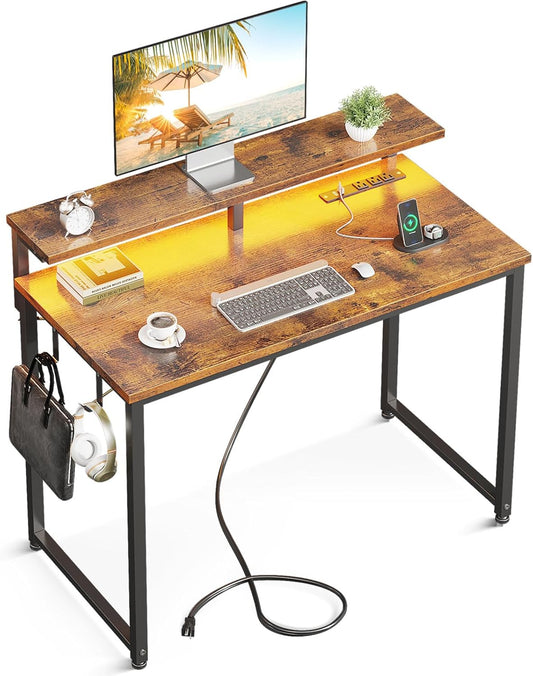 AODK Small Desk, 31.5 Inch Gaming Desk with LED Lights and Power Outlet, Computer Desk with Monitor Shelf, Home Office Table Study Desk Compact Desk for Small Space, Rustic Brown
