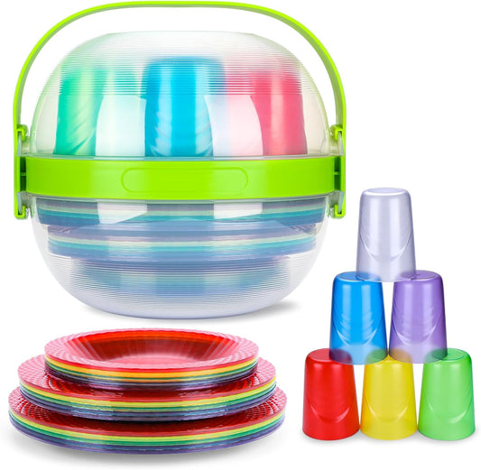Camping Plates and Cups Set, Reusable Plastic Dishware