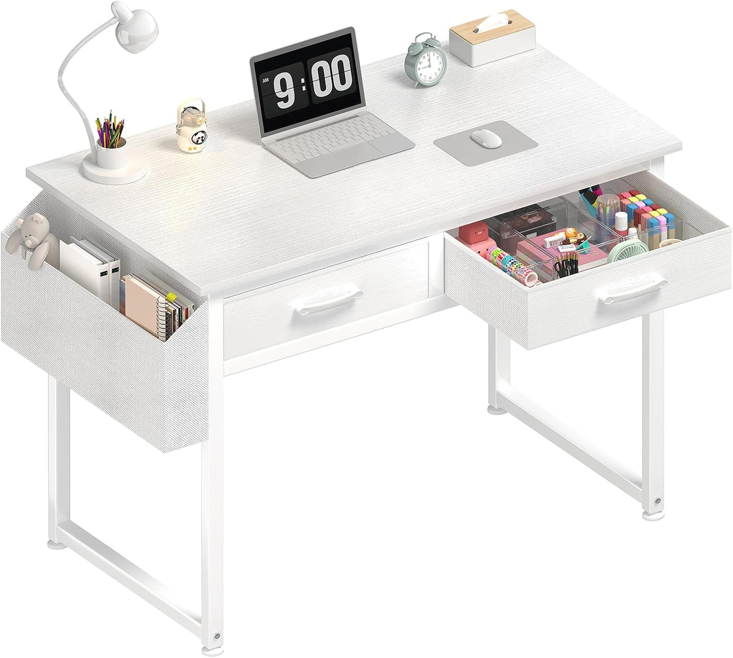 DLisiting White Small Desk with Fabric Drawers - 32 Inch Vanity Desk with Storage Drawer and Bag for Bedroom, Study Writing Table for Small Spaces, White