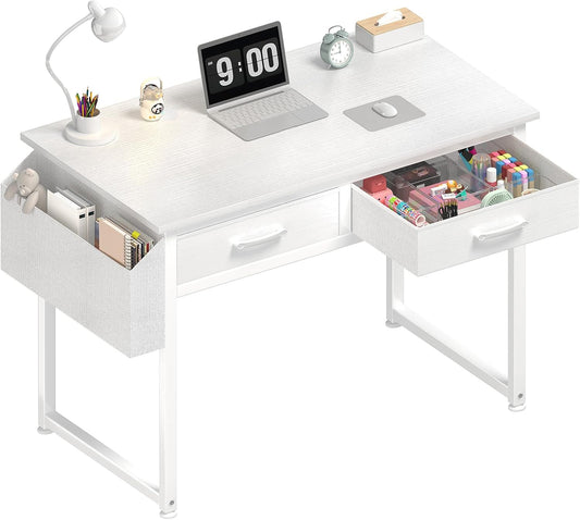 DLisiting White Small Desk with Fabric Drawers - 32 Inch Vanity Desk with Storage Drawer and Bag for Bedroom, Study Writing Table for Small Spaces, White