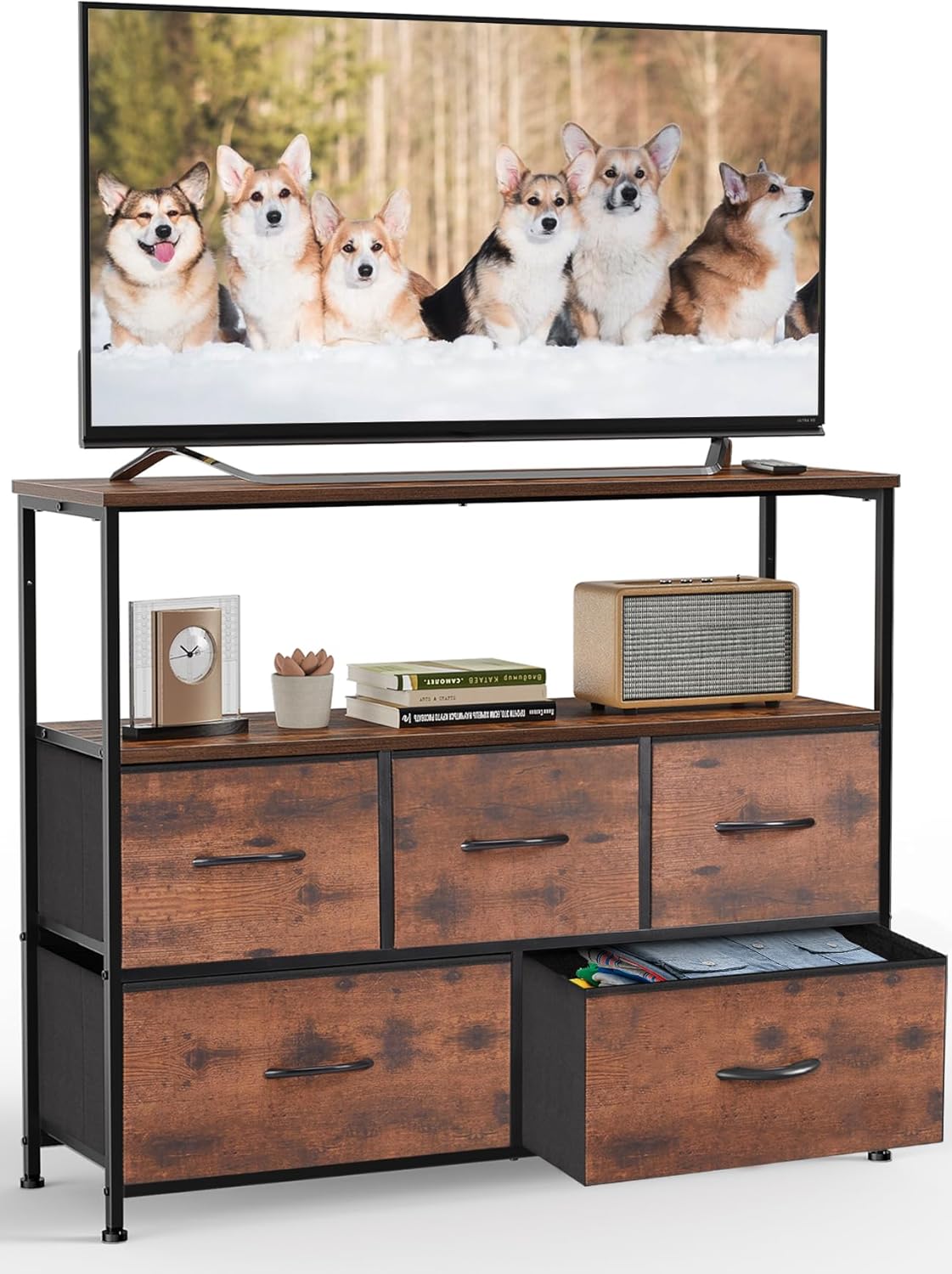 DUMOS TV Stand Dresser for Bedroom Entertainment Center with 5 Fabric Drawers Storage Organizers Units, Media Console Table with Open Shelf up for 45" Television for Living Room, Dorm, Brown