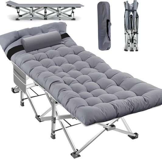 Heavy Duty Foldable Camping Cot with Mattress - Durable 1200D Oxford Folding Bed for Adults - Portable Sleeping Cot with Carry Bag for Outdoor Travel, Camping, and Hiking (Grey)