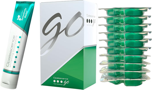Opalescence Whitening Bundle - Opalescence Go 15% Hydrogen Peroxide Prefilled Whitening Trays (10 Trearments) and Sensitive Whitening Toothpaste 4.7 Onz - Mint Flavor 5194-5167