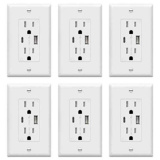 TOPGREENER USB Outlet, Type C & Type A USB Wall Charger Outlet, 15 Amp TR Receptacle Plug, Charging Power Outlet with USB Ports, Wall Plate Included, UL Listed, TU21536AC-W-6PCS, White, 6 Pack