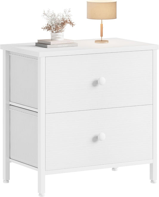 BOLUO White Nightstand 2 Drawer for Bedroom,Small Night Stand with Fabric Drawers End Table Modern