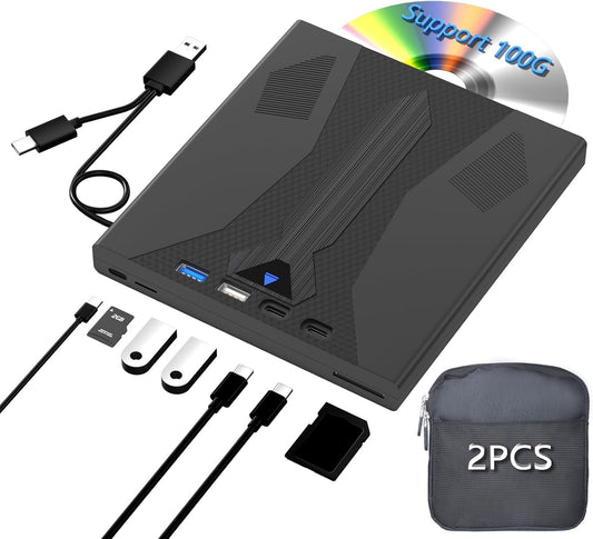 8 in 1 External Blu Ray Drive, USB 3.0 and Type-C Blu Ray Burner Portable Blu Ray DVD/CD/BD Player, Support 100G Disc 3D Optical Bluray Drive Compatible with Windows Macos for MacBook Laptop Desktop