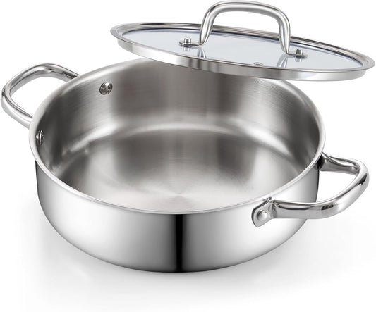 Cook N Home Deep Saute Pan with Lid 4 Quart, Tri-Ply Clad Stainless Steel Deep Frying Pan, 10.5 Inch Skillet, Induction Cooking Pan Kitchen Pan, Silve