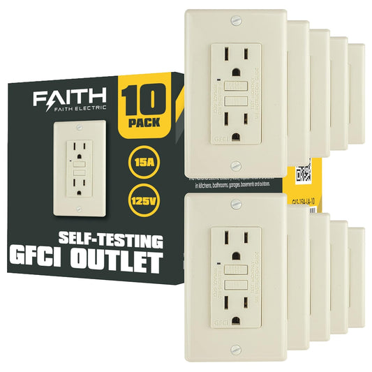 Faith [10-Pack] 15A GFCI Outlets, Non-Tamper-Resistant GFI Duplex Receptacles with LED Indicator, Self-Test Ground Fault Circuit Interrupter with Wall Plate, ETL Listed, Light Almond, 10 Piece