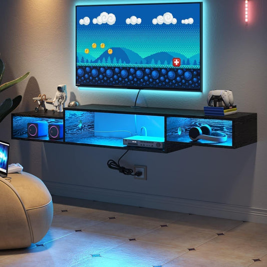 4 EVER WINNER Floating TV Stand with LED Lights and Power Outlet, 59\u201D Floating TV Shelf with Storage, Floating Entertainment Center Media Console Cabinet for Gaming Box Audio Video, Black