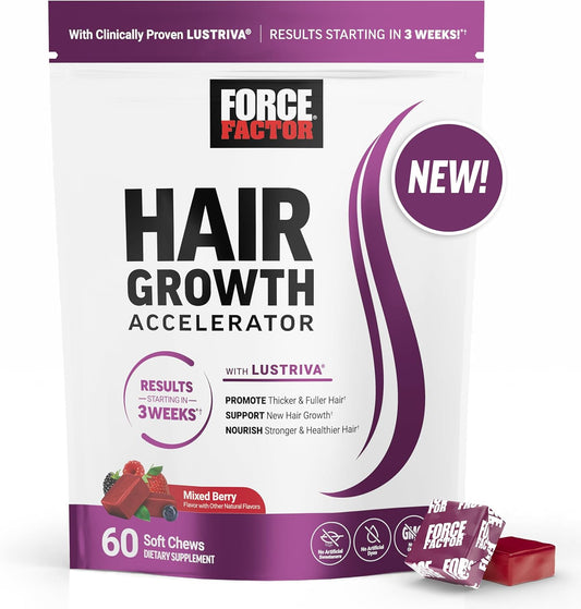 Force Factor Hair Growth Accelerator Soft Chews, Hair Growth Vitamins for Women with Clinically Proven Lustriva and Biotin to Promote Visibly Thicker, Fuller, Stronger Hair, Mixed Berry, 60 Soft Chews
