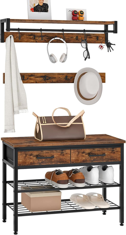 Coat Rack, Hall Tree with Shoe Bench, 3-in-1 Hall Tree with Shoe Storage, Entryway Coat Rack with 9 Hooks and 2 Fabric Drawers, for Entrance, Hallway, Corridor, Rustic Brown and Black TMT01BF