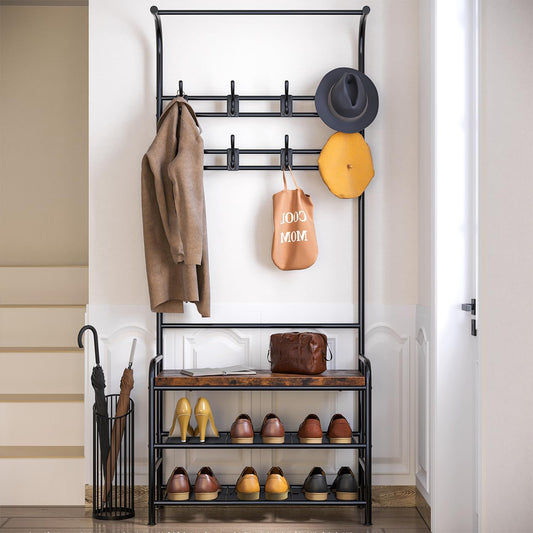 GAOMON Hall Tree Shoe Bench for Entryway, Coat Rack Storage Bench, 4-in-1 Coat Tree with Bench Storage Shelf and 8 Hooks for Small Spaces, Entryway, Bedroom, Rustic Brown