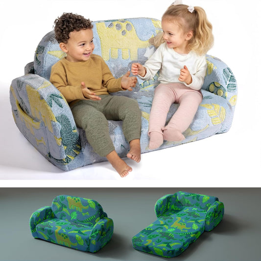2-in-1 Toddler Couch, Toddler Couches That Fold Out, Glow in the Dark Toddler Chair, Extra Wide Kids Couch, Comfy Kids Chair, Convertible Couch to Lounger, Gifts for Girls & Boys, Dinosaur