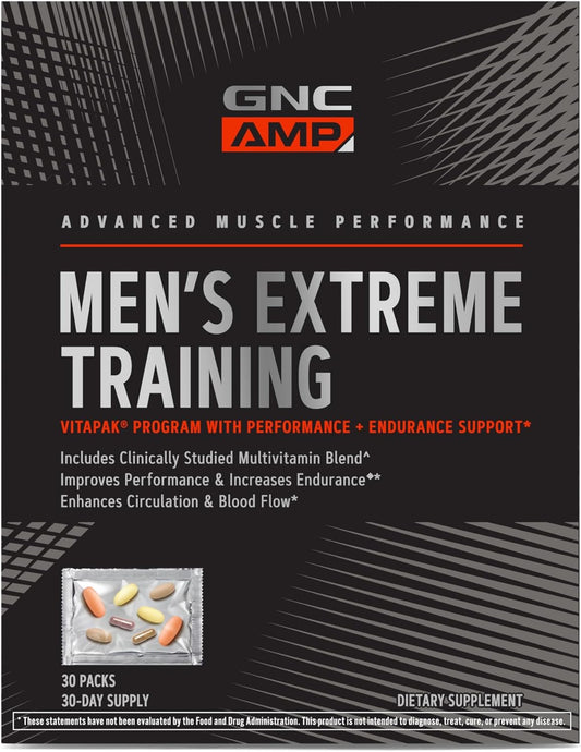 GNC AMP Men's Extreme Training Vitapak | Developed for Max Performance and Endurance | 5-Step Daily Supplement System | Targeted Muscle Support | 30 Count