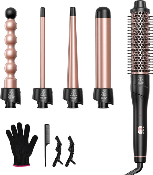 5 in 1 Curling Wand Set, Lopeie Curling Iron with New Upgraded Curling Brush and 4 Interchangeable Ceramic Curling Wand(0.5\u201D-1.25\u201D), Fast Heating, Include Heat Protective Glove & 2 Clips & Hair Brush