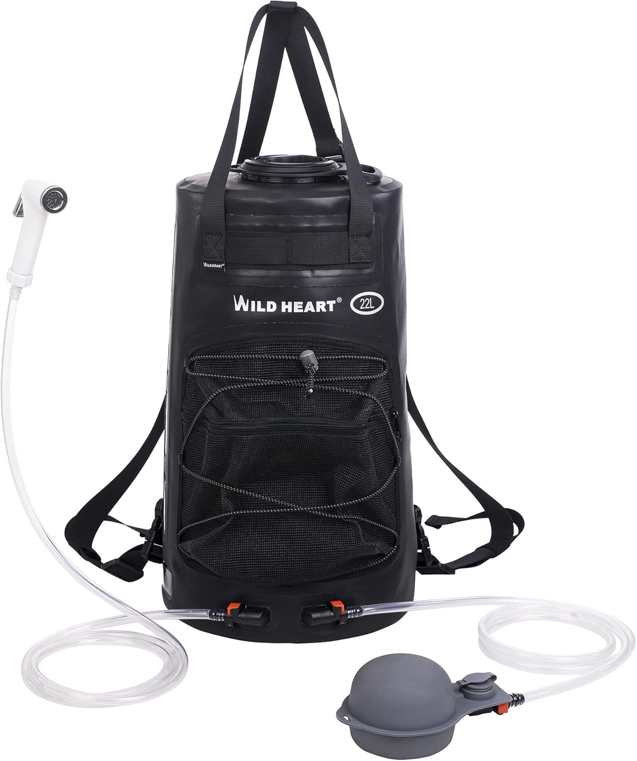 WILD HEART Camping Shower, 5.8 Gallons\/22L Portable Camp Shower Bag with Upgraded Screw Lid, Water Level Window, Pressure Foot Pump, and Handy Nozzle, Solar Shower for Beach Camping Hiking Trip