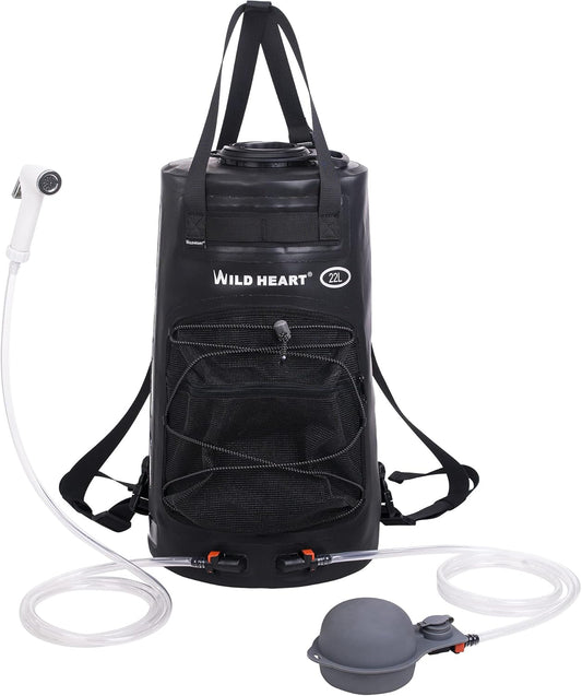 WILD HEART Camping Shower, 5.8 Gallons\/22L Portable Camp Shower Bag with Upgraded Screw Lid, Water Level Window, Pressure Foot Pump, and Handy Nozzle, Solar Shower for Beach Camping Hiking Trip