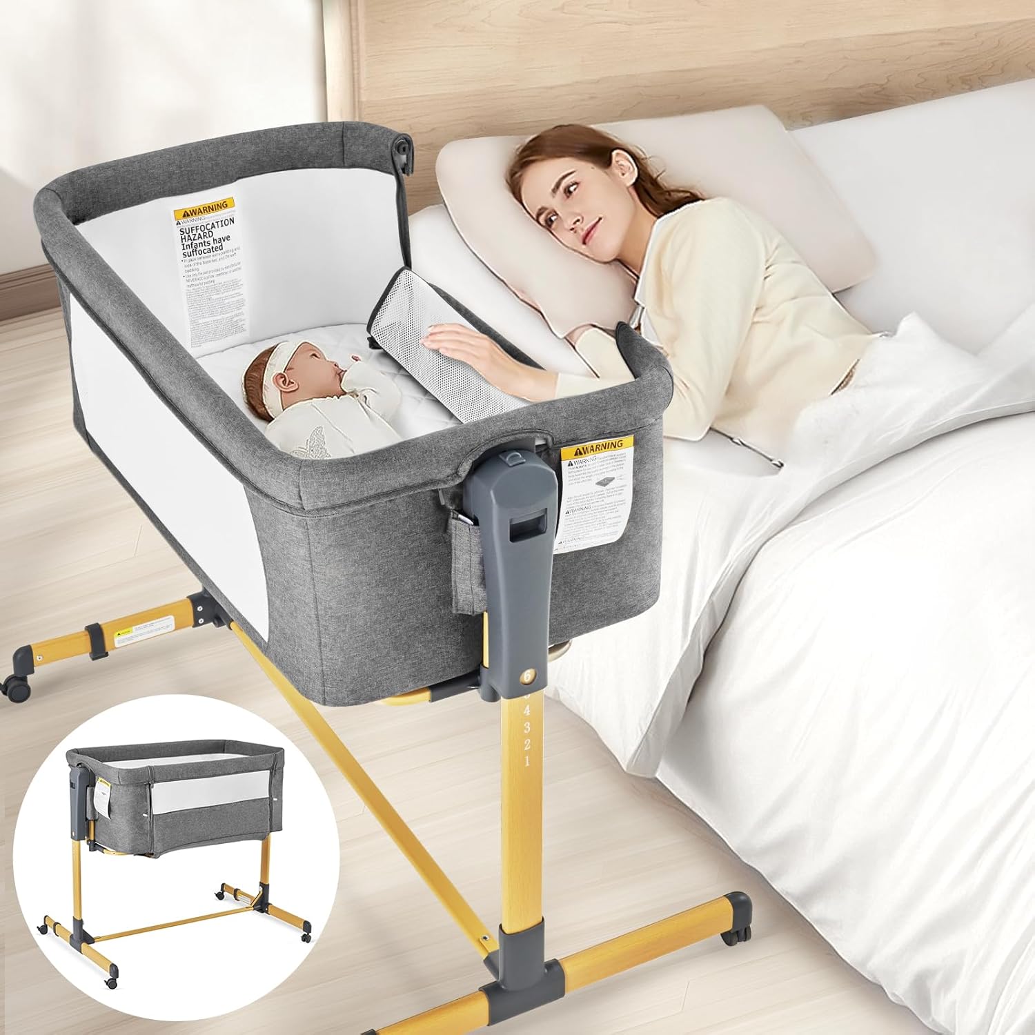 3 in 1 Baby Bassinet Bedside Sleeper with Comfy Mattress and Wheels 6 Height Adjustable Rocking Bassinet Easy to Assemble Baby Crib for Newborn Infant