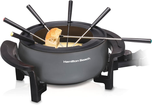 Hamilton Beach 12 Cup Electric Fondue Pot Set with Temperature Control, 6-Color Coded Forks, for Cheese, Chocolate, Hot Oil, Broth, 3 Quart PFAS-Free Nonstick Interior, Gray